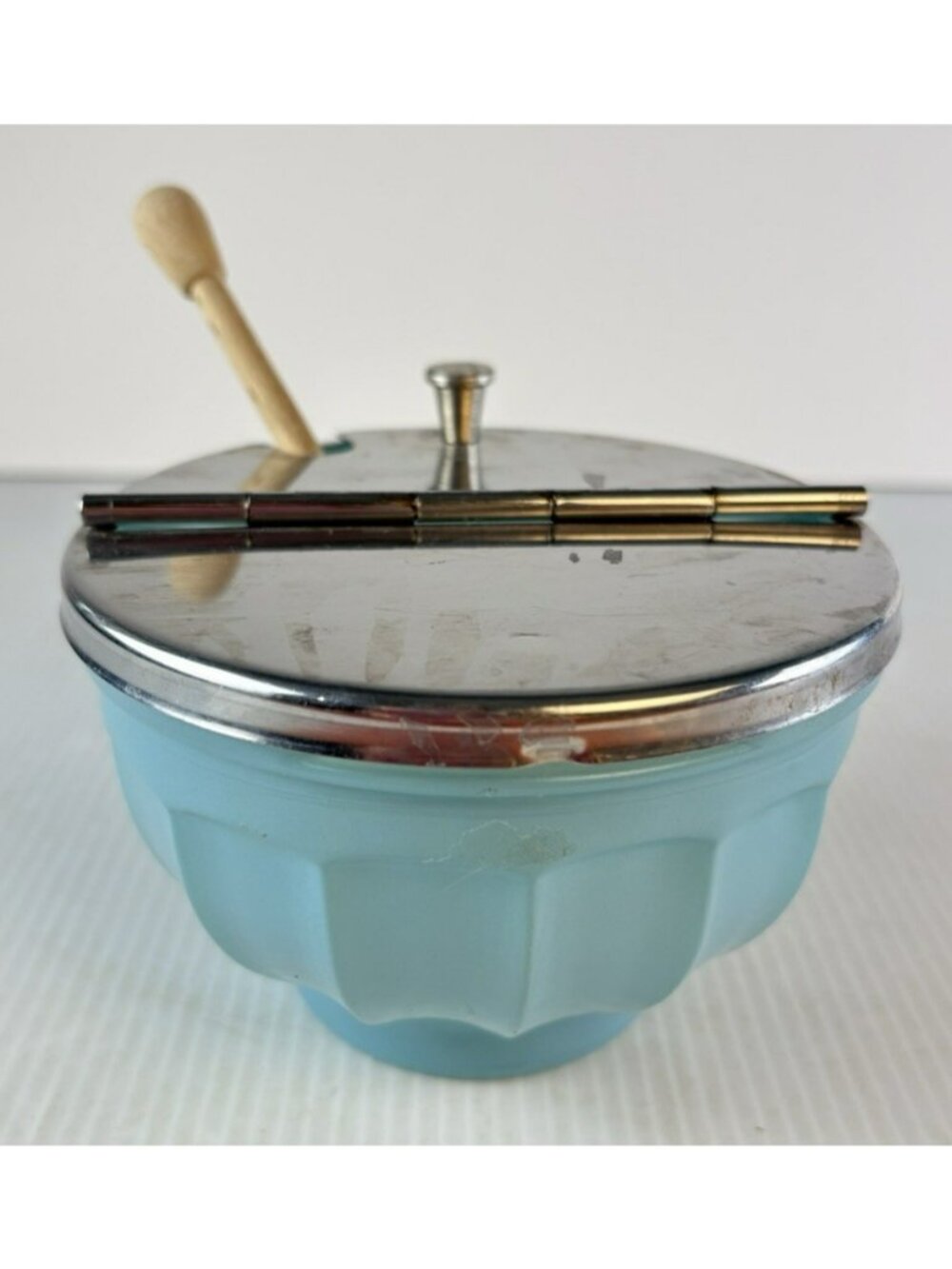 Vintage GEMCO Glass Sugar Bowl Blue Flip -Top Lid  with dipper 1950's